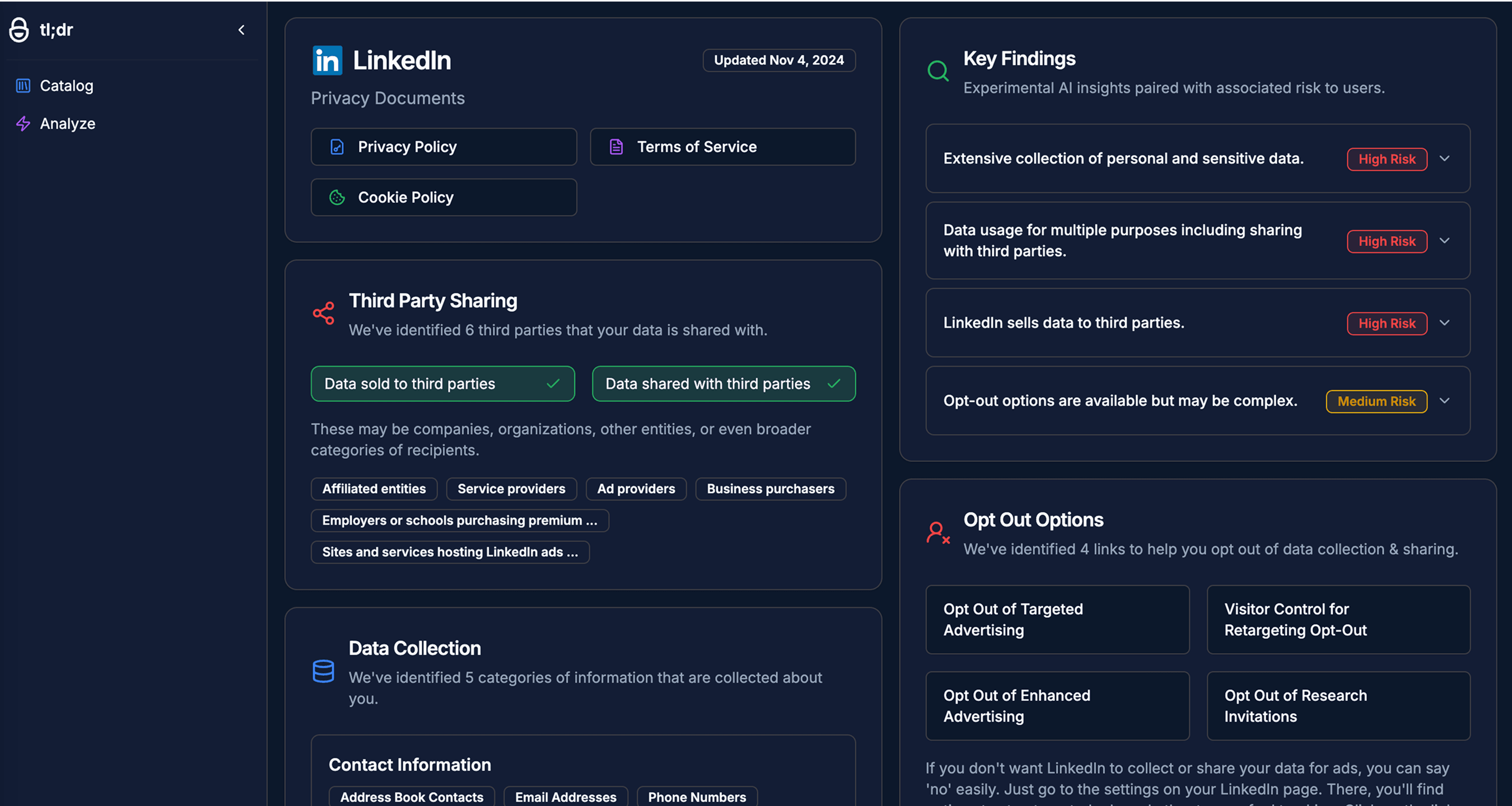Privacy TL;DR dashboard showing policy analysis and data tracking